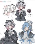  3girls art_program_in_frame black_capelet black_dress blue_hair bow braid braided_hair_rings capelet dress dress_bow dress_flower flower frilled_cape gradient_hair hair_bow hair_flower hair_ornament hair_ribbon hair_rings highres inagoinaire looking_at_viewer mahou_shoujo_no_majo_saiban multicolored_hair multiple_girls multiple_views necktie nikaido_hiro official_alternate_costume open_mouth pink_eyes pink_hair poker_chase red_necktie ribbon sakuraba_ema short_hair simple_background smile tachibana_sherry white_background white_flower white_hair x_hair_ornament yellow_eyes 