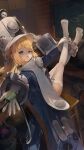  1girl absurdres bagboo_(zenless_zone_zero) bangboo_(zenless_zone_zero) blonde_hair blue_jacket commentary_request eous_(zenless_zone_zero) gloves grey_hat hat highres holding indoors jacket large_hat long_hair looking_at_viewer miyano_haruto norma_hollowell open_mouth purple_eyes reaching reaching_towards_viewer resonaboo_(zenless_zone_zero) shako_cap sitting smile solo thighhighs very_long_hair white_gloves white_thighhighs zenless_zone_zero 