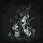  1other arazore_owo arthropod_girl black_eyes black_hair black_skin colored_skin commentary dress english_commentary floating_hair full_body ghost grey_dress highres holding holding_weapon hollow_eyes hollow_knight hollow_knight:_silksong mask phantom_(hollow_knight) pin_(hollow_knight) standing weapon white_eyes white_mask wraith_(hollow_knight) 