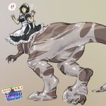  1girl alternate_species apron black_dress breasts brown_eyes brown_hair claws dinosaur dinosaur_tail dress frilled_apron frills implied_transformation kawakami_sadayo larru maid maid_apron maid_headdress monsterification official_alternate_costume persona persona_5 second-party_source short_hair simple_background solo surprised tail taur torn_clothes waist_apron white_apron 
