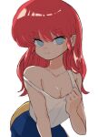  1girl alternate_hair_length_(longer) alternate_hairstyle bare_shoulders black_pants blue_eyes blunt_bangs breasts cleavage closed_mouth collarbone commentary cowboy_shot dot_nose hand_on_own_chest long_hair looking_at_viewer medium_breasts no_pupils pants ranma_1/2 red_hair sanamaru_(sana79261827) saotome_ranma saotome_ranma_(female) simple_background solo strap_slip tank_top white_background white_tank_top 
