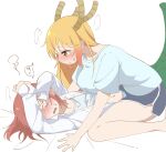  2girls black_shorts blonde_hair blue_camisole blue_panties blue_shirt blush breasts camisole commentary_request covering_face covering_own_eyes dolphin_shorts dragon_girl dragon_horns dragon_tail ear_blush highres horns kobayashi-san_chi_no_maidragon kobayashi_(maidragon) large_breasts long_hair multiple_girls orange_eyes panties red_hair shirt shorts simple_background speech_bubble straddling sweatdrop tail tohru_(maidragon) translation_request underwear white_background white_shirt wso_soso yuri 