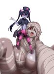  2girls :d adopolich bandaged_arm bandaged_chest bandaged_head bandaged_leg bandages between_fingers black_hair black_shirt breasts chrome_(mon-musu_quest!) colored_skin commentary crop_top cross dark-skinned_female dark_skin demon_girl evil_smile feet_on_another's_breasts frederika_(mon-musu_quest!) gloves grey_skin hair_over_one_eye half-closed_eye hand_on_another's_head hat highres holding holding_syringe horns huge_breasts long_hair looking_at_viewer mon-musu_quest! monster_girl multiple_girls naked_bandage navel nurse_cap open_mouth patchwork_skin person_on_shoulder pink_horns pink_thighhighs puffy_short_sleeves puffy_shorts puffy_sleeves purple_eyes purple_shoes purple_thighhighs red_cross red_eyes ringed_eyes rubber_gloves shirt shoes short_sleeves shorts simple_background sitting_on_shoulder size_difference small_breasts smile striped_clothes striped_thighhighs suspender_shorts suspenders syringe teeth thighhighs tongue tongue_out twintails undead upper_teeth_only v-shaped_eyebrows very_long_hair white_background white_hair zombie 