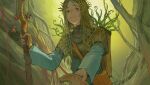  1girl bag brown_bag commentary_request earthturtle fantasy forest giving_food grey_hair highres holding holding_staff long_sleeves looking_at_viewer mushroom nature original outdoors plant plant_roots shoulder_bag smile solo staff vines 