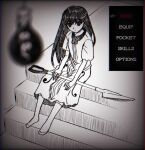  1girl black_hair commentary_request dress empty_eyes english_text highres light_bulb mari_(omori) myohn omari_(omori) omori shovel socks stairs white_dress 