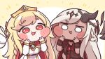  2girls belita_(trickcal) blank_eyes blonde_hair blue_gem braid breasts cape chibi commentary_request dark_skin detached_wings dress erpin_(trickcal) fewer_digits gem gem_hair_ornament gold_trim highres horns multiple_girls open_mouth red_cape red_gem siblings single_horn sisters suwa_yasai tiara trickcal white_dress white_hair wings wrist_cuffs 
