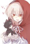  2boys :d absurdres akinashi_haru animal_ears big_bad_wolf big_bad_wolf_(cosplay) black_hair blush_stickers cape chinese_commentary commentary_request cosplay heart highres holding holding_mini_person hood hood_up hooded_cape little_red_riding_hood_(fairy_tale_character) little_red_riding_hood_(fairy_tale_character)_(cosplay) looking_at_another male_focus mini_person miniboy multiple_boys neck_ribbon red_cape red_eyes ribbon saihate_eki shirt simple_background smile tail tatsunami_shion white_background white_hair white_shirt wolf_boy wolf_ears wolf_tail yisu719871 