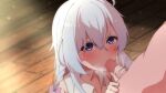  1boy 1girl backlighting blue_eyes blush bow braid censored collared_shirt commentary elaina_(majo_no_tabitabi) english_commentary eyebrows_hidden_by_hair fazekas fellatio grabbing_another's_penis grey_hair hair_between_eyes hair_bow hetero highres ibispaint_(medium) index_finger_raised indoors long_hair looking_at_another majo_no_tabitabi mosaic_censoring oral pink_bow portrait shirt sidelocks single_braid sleeveless sleeveless_shirt solo_focus steaming_body sweat white_shirt wooden_floor 