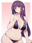 1girl absurdres bikini black_bikini blunt_bangs blush breasts cleavage commentary_request fern_(sousou_no_frieren) highres large_breasts long_hair muffin_top navel noyama_takenoko purple_eyes purple_hair skindentation solo sousou_no_frieren swimsuit 