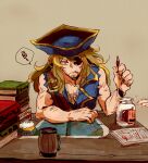  1boy bad_id bad_pixiv_id bare_arms beer_keg blonde_hair bluetenbin book book_stack brown_background character_doll chest_hair cup doll eyepatch fingernails great_king_penguin_(sekaiju) hair_between_eyes hand_up hat holding long_hair looking_at_map male_focus map mouth_hold mug multicolored_hair official_alternate_color paper pirate_(sekaiju) pirate_3_(sekaiju) pirate_hat pov_across_table sekaiju_no_meikyuu sekaiju_no_meikyuu_3 simple_background sitting speech_bubble spoken_squiggle squiggle table two-tone_hair upper_body yellow_eyes 