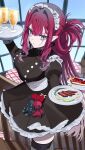  1girl absurdres apron baobhan_sith_(academy_outfit)_(fate) baobhan_sith_(fate) black_dress breasts commentary_request cup dress drinking_glass earrings fate/grand_order fate_(series) fishnet_thighhighs fishnets food grey_eyes hair_intakes hair_rings highres jewelry large_breasts long_hair long_sleeves looking_at_viewer ma_ple maid_headdress pink_hair pointy_ears single_hair_ring solo stairs thighhighs thighs tray white_apron 