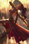  1girl absurdres barefoot blue_hair bra breasts commentary crescent crescent_earrings cropped_legs dancer dancing dark-skinned_female dark_skin earrings fire_emblem fire_emblem:_fortune's_weave gold_choker green_eyes harem_outfit highres irisli0224 jewelry leda_(fire_emblem) looking_up medium_breasts ponytail red_bra red_poncho solo underwear 
