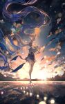  1girl absurdly_long_hair azuriel back_bow blue_bow blue_flower blue_hair blue_sailor_collar blue_skirt bouquet bow cloud commentary_request floating_hair flower from_behind full_body hatsune_miku highres holding holding_bouquet light_particles long_hair looking_back mountainous_horizon outdoors red_flower reflection reflective_liquid sailor_collar shirt skirt sky solo standing standing_on_liquid star_(sky) starry_sky sunrise twintails very_long_hair vocaloid white_flower white_shirt yoake_to_hotaru_(vocaloid) 