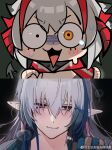  1boy 1girl :3 absurdres antenna_hair arknights bkub_(style) blue_hair blush chibi chinese_commentary closed_mouth commentary_request constricted_pupils demon_girl demon_horns demon_tail grey_hair hair_between_eyes highres horns jacket long_hair looking_at_viewer lulu_(shiduopili_lu) mismatched_pupils multicolored_hair nervous_sweating open_mouth pink_eyes pointy_ears red_horns red_jacket smile streaked_hair surprised sweat tail turn_pale upper_body v-shaped_eyebrows w_(arknights) watermark weibo_watermark wide-eyed wis'adel_(arknights) yellow_eyes yi_(arknights) 