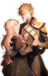  1boy 1girl aiguillette black_capelet black_flower black_rose black_skirt blue_eyes breasts brown_hair capelet commentary dancing earrings english_commentary epaulettes eye_contact flower from_side genderswap genderswap_(mtf) grey_hair hair_ornament hand_on_another's_back height_difference highres holding_hands jewelry kanae_(nijisanji) large_breasts long_hair long_sleeves looking_at_another medium_hair nail_polish nijisanji nijisanji_matching_outfit open_mouth pointy_ears ponytail red_eyes red_nails rose sanya_(1st_costume)_(nijisanji) sanya_(nijisanji) sidelighting simple_background skirt smile stud_earrings virtual_youtuber white_background zhaoquruge 