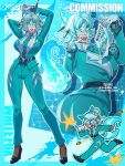  1girl animal_ears aqua_jacket aqua_necktie aqua_pants artist_name breasts commentary commission english_commentary eye_mask fang fox_ears fox_girl fox_tail full_body grin highres jacket large_breasts looking_at_viewer maromichan marvel marvel_rivals mask multiple_views necktie open_mouth pants shirt short_hair smile solo tail tiger_division wanted_poster white_fox_(marvel) white_hair white_shirt 