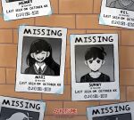  antenna_hair aubrey_(omori) basil_(faraway)_(omori) basil_(omori) black_hair brick_wall brother_and_sister commentary english_commentary grin hero_(omori) highres kel_(omori) kitsune_viento mari_(omori) missing_poster omori shirt short_hair siblings smile sunny_(omori) tape 