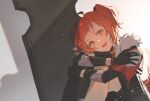  1girl absurdres ahoge arknights beagle_(arknights) beagle_(dreadnaught)_(arknights) black_gloves black_jacket fur-trimmed_jacket fur_trim gloves grey_background head_tilt highres jacket knees_up light_particles looking_at_viewer official_alternate_costume open_mouth orange_eyes orange_hair shield shirane1619 short_hair sidelighting sitting smile solo twintails 