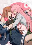  ! 2girls artist_request bang_dream! bang_dream!_it's_mygo!!!!! black_camisole blue_shirt blue_skirt blush brown_hair camisole chihaya_anon chinese_commentary closed_mouth clothes_grab commentary_request green_necktie green_skirt grey_eyes haneoka_school_uniform highres holding_another's_wrist long_hair multiple_girls nagasaki_soyo necktie necktie_grab neckwear_grab pink_hair pleated_skirt sample_watermark school_uniform second-party_source shirt skirt smile spoken_flower sweat tsukinomori_school_uniform watermark white_shirt yuri zoom_layer 