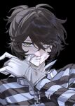  1boy 8gy2pesjef33878 ahoge bandaged_neck bandages blood brown_hair bruise bruised_eye collar commentary_request fang green_eyes hair_between_eyes highres identity_v injury looking_at_viewer luca_balsa makeup male_focus metal_collar parted_lips ponytail popped_collar runny_makeup solo wiping_blood 