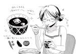  1girl blush camisole chair chopsticks closed_eyes commentary_request cup eating eggplant food fruit glasses greyscale hair_bun highres holding holding_chopsticks monochrome musical_note noodles oimoti_tn okra original short_hair simple_background single_hair_bun sitting solo soumen tomato upper_body white_background 