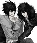  1boy alternate_costume bags_under_eyes belt black_pants closed_mouth cross cross_necklace death_note denim grey_pants grey_shirt hair_between_eyes highres jeans jewelry l_(death_note) long_sleeves looking_at_viewer male_focus multiple_views necklace pants shirt short_hair simple_background sitting sso_s standing white_background 