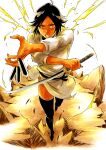  1girl absurdres alternate_hair_length_(shorter) between_fingers black_hair black_sash black_thighhighs bleach bleach:_turn_back_the_pendulum boots commentary commission crack cracked_floor dark-skinned_female dark_skin debris electricity electrokinesis english_commentary foreshortening full_body highres holding holding_knife holding_sword holding_weapon ken'ichi_(ken1ro_u) knife knives_between_fingers looking_at_viewer reverse_grip sash second-party_source shihouin_yoruichi short_hair smirk solo sword thigh_boots thighhighs throwing_knife v-shaped_eyebrows weapon yellow_eyes 