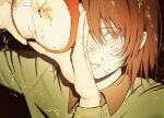  1other apple bright_pupils brown_hair collared_shirt commentary deltarune deltarune_gum food fruit green_sweater heart highres holding holding_food holding_fruit kris_(deltarune) one_eye_covered other_focus shirt short_hair star_(symbol) sweater untranslatable_commentary utdr_(toby_fox) white_pupils 