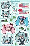  1girl absurdres aqua_background aqua_hair blue_hair character_name cherry_hair_ornament chibi commentary crying english_commentary food food-themed_hair_ornament grid_background hair_ornament hatsune_miku highres holding holding_food holding_spring_onion holding_vegetable marscapone mesmerizer_(vocaloid) multiple_costumes multiple_views pink_hair sakura_miku spring_onion sticker_(medium) twintails vegetable vocaloid 
