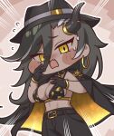  1girl belt black_bra black_coat black_hair black_pants bra breasts chibi cleavage coat commentary_request fang fedora flying_sweatdrops gold_trim hat highres horns long_hair motion_lines open_mouth pants single_horn snorky_(trickcal) suwa_yasai sweatdrop trickcal underwear upper_body yellow_eyes 