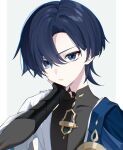  1boy alternate_hairstyle armor bishounen black_bodysuit black_hair blue_cape blue_sleeves blunt_ends bodysuit border bridal_gauntlets cape closed_mouth commentary_request covered_collarbone curtained_hair expressionless eyelashes eyeliner genshin_impact gold grey_background grey_bridal_gauntlets grey_eyes hand_on_own_neck hand_up highres japanese_armor japanese_clothes kimono kote kurokote layered_sleeves looking_at_viewer makeup male_focus mandarin_collar open_clothes open_kimono pillarboxed portrait red_eyeliner scaramouche_(genshin_impact) short_sleeves side_cape solo takura_0103 tsurime twitter_username wanderer_(genshin_impact) white_border white_kimono white_sleeves 