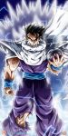  1boy absurdres artist_logo aura black_eyes black_hair blue_sash cape clenched_hand clenched_teeth closed_mouth commentary commission dougi dragon_ball dragon_ball_z electricity english_commentary frown highres logo male_focus maniaxoi pants patreon_logo patreon_username potential_unleashed purple_pants saiyan sash solo son_gohan spiked_hair standing teeth torn_clothes torn_pants white_cape wristband 