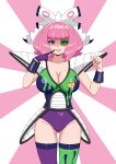  1girl absurdres asymmetrical_legwear blue_eyes breasts cleavage commentary commission cowboy_shot dragon_ball eyelashes ginyu1992 gloves grin hairband hands_up highres klara_(pokemon) looking_at_viewer medium_hair mismatched_legwear mismatched_thighhighs pink_hair pokemon pokemon_sword_and_shield possessed purple_gloves saiyan_armor scouter single_glove smile solo teeth thighhighs white_hairband 