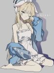  1girl absurdres bare_legs barefoot blonde_hair blue_archive blue_eyes blue_halo blue_jacket breasts closed_mouth collarbone commentary dress full_body grey_background halo highres jacket kneeling long_hair looking_at_viewer multicolored_halo off_shoulder one_eye_closed pajamas shadow sleepy small_breasts solo toki_(blue_archive) two-tone_halo vixsi_art white_dress 