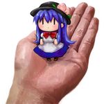  blue_hair blush bow chibi food fruit hands hat hinanawi_tenshi in_palm leaf long_hair long_skirt mugennagi out_of_frame peach pov pov_hands skirt solo_focus touhou very_long_hair 