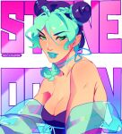  1girl alternate_costume aqua_hair artist_name asymmetrical_bangs bare_shoulders black_hair blue_jacket blue_lips braid braided_base braided_bun braided_ponytail breasts bun_with_braided_base choker cleavage commentary cone_hair_bun copyright_name delicourse double_bun english_commentary green_eyes hair_bun highres jacket jojo_no_kimyou_na_bouken kujo_jolyne looking_at_viewer makeup medium_breasts multicolored_hair off_shoulder parted_bangs ribbon_choker see-through_clothes see-through_jacket single_braid solo stone_ocean strapless two-tone_hair upper_body 