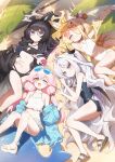  4girls ahoge animal_ear_fluff animal_ears armpits bikini black_bikini blue-tinted_eyewear blue_archive blue_one-piece_swimsuit butterfly_hair_ornament clothing_cutout collarbone commentary_request cross_halo demon_girl demon_horns demon_wings diamond_cutout extra_ears eyes_visible_through_eyewear fox_ears fox_girl frilled_bikini frills grey_halo hair_bobbles hair_ornament halo highleg highleg_one-piece_swimsuit highres hina_(blue_archive) hina_(swimsuit)_(blue_archive) horns hoshino_(blue_archive) hoshino_(swimsuit)_(blue_archive) huge_ahoge inflatable_toy inflatable_whale kisaki_(blue_archive) kisaki_(swimsuit)_(blue_archive) long_hair low_twintails low_wings lying multiple_girls multiple_horns official_alternate_costume official_alternate_hairstyle old_school_swimsuit one-piece_swimsuit one_eye_closed orange-tinted_eyewear pink_hair pink_halo purple-tinted_eyewear sandals school_swimsuit seia_(blue_archive) seia_(swimsuit)_(blue_archive) sunglasses swimsuit tinted_eyewear twintails visor_cap wagashi928 whistle white-framed_eyewear white_bikini white_hair white_one-piece_swimsuit wings yellow_halo yellow_visor_cap 