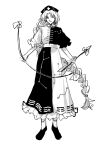  1girl arrow_(projectile) bow_(weapon) braid closed_mouth constellation_print cross cross_print dress frilled_dress frills full_body greyscale hat highres holding holding_arrow holding_bow_(weapon) holding_weapon long_hair looking_at_viewer monochrome nurse_cap print_dress print_hat single_braid smile solo touhou two-tone_dress very_long_hair wafusub_3 weapon yagokoro_eirin 