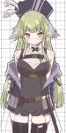 1girl ahoge arknights arms_up bare_shoulders black_hat black_leotard black_thighhighs blush breasts commentary_request green_hair grid_background hat hat_feather head_wings heart highres hiruandon222 id_card jacket leotard long_hair looking_at_viewer medium_breasts off_shoulder open_clothes open_jacket pink_eyes poncirus_(arknights) simple_background smile solo thighhighs very_long_hair white_background wings 