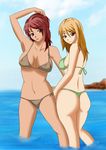  2girls bikini blonde_hair kagero_(haruhi) long_hair multiple_girls ocean original red_eyes red_hair swimsuit water yellow_eyes 