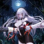  1girl arm_ribbon bare_shoulders black_dress blade_(apostle)_(brown_dust) blade_(brown_dust) breasts brown_dust_(series) brown_dust_2 cleavage closed_mouth dress facial_mark forest full_moon game_asset gloves highres large_breasts long_hair looking_at_viewer moon nature navel night non-web_source official_art outdoors pale_skin punching red_eyes red_ribbon ribbon self-datamine sheath sky solo_focus tree veil white_hair 