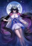  1girl absurdres appo_mk black_hair blunt_bangs bow bowtie closed_eyes closed_mouth columbina_(genshin_impact) commentary dress eye_mask feet_out_of_frame genshin_impact hair_ornament hand_up highres long_hair long_sidelocks mask moon moon_phases multicolored_hair night purple_hair sidelocks solo star_(sky) starry_sky_background untranslatable_commentary very_long_hair white_bow white_bowtie white_dress wing_hair_ornament 