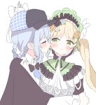  2girls absurdres bird_hat_ornament black_bow black_bowtie black_capelet black_flower black_hat black_rose blonde_hair blue_hair blue_necktie bonnet bow bow_flower bowtie braid braided_hair_rings capelet chinstrap closed_eyes collared_shirt commentary_request deerstalker flower frilled_capelet frills green_bonnet green_eyes hair_bow hair_flower hair_ornament hair_rings hat hat_bow highres hug long_hair long_sleeves mahou_shoujo_no_majo_saiban march_23th multiple_girls necktie rose shirt short_hair simple_background tachibana_sherry tongue tongue_out tono_hanna twintails white_background white_flower white_rose white_shirt winged_hat yellow_flower yellow_rose 