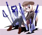  bespectacled exice-zero food glasses hat kugelschreiber long_hair original pocky red_eyes saw sitting solo sword weapon 