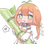 1girl antenna_hair apron bamboo black_shirt blue_eyes blunt_bangs blush_stickers chai_chai_huishi chibi chibi_only chinese_commentary coat collared_shirt commentary_request double-parted_bangs hair_ribbon heart heart-shaped_pupils highres kyarot_(trickcal) long_hair long_sleeves looking_at_viewer low_twintails off_shoulder open_clothes open_coat open_mouth orange_hair ribbon shirt simple_background sleeves_past_wrists solo spoken_heart symbol-shaped_pupils trickcal twintails upper_body white_background white_coat yellow_apron yellow_ribbon 