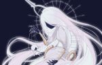  1girl absurdly_long_hair arthropod_girl black_background black_skin bluesky_username character_puppet colored_skin commentary eenqn faceless faceless_female giant giantess glowing glowing_hair grand_mother_silk_(hollow_knight) hollow_knight hollow_knight:_silksong long_hair no_mouth simple_background solo string very_long_hair watermark white_hair 