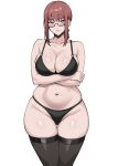  1girl alternate_breast_size_(larger) arms_under_breasts bare_shoulders belly black-framed_eyewear black_bra black_panties black_thighhighs blush bra braid braided_ponytail breasts chainsaw_man cleavage closed_mouth collarbone crossed_arms curvy fatter_than_canon glasses highleg highleg_panties highres large_breasts long_hair looking_at_viewer makima_(chainsaw_man) navel panties pcharlesart plump rectangular_eyewear red_hair ringed_eyes semi-rimless_eyewear sidelocks simple_background solo standing stomach thick_thighs thigh_gap thighhighs thighs thong thong_panties underwear underwear_only white_background wide_hips yellow_eyes 