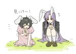  2girls ^_^ animal_ears black_jacket blazer blush brown_shoes carrot_necklace closed_eyes clover collared_shirt commentary_request dress floppy_ears four-leaf_clover holding inaba_tewi jacket jewelry loafers long_hair long_sleeves multiple_girls necklace necktie open_mouth pendant pink_dress pink_skirt pleated_skirt purple_hair rabbit_ears rabbit_girl rabbit_tail red_eyes red_necktie reisen_udongein_inaba sakic43899 shirt shoes skirt smile socks squatting tail touhou translation_request very_long_hair white_shirt white_socks 