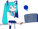  1girl absurdres aqua_hair aqua_necktie aqua_trim blue_eyes blue_skirt blue_thighhighs blush grey_shirt hatsune_miku highres kikuo long_hair necktie redrawn shirt skirt sleeveless smile solo super_nh thighhighs twintails vocaloid warui_koto_wa_shicha_ikenai_yo_(vocaloid) white_background 