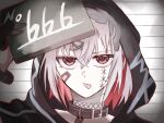  1girl bandaid bandaid_on_face belt_collar black-framed_eyewear black_choker black_hoodie choker collar colored_inner_hair crossed_bangs cuffs grey_hair hair_between_eyes hair_ornament highres holding hood hoodie looking_at_viewer mahou_shoujo_no_majo_saiban mugshot multicolored_hair portrait red_eyes red_hair rua_zatta shackles shito_alisa short_hair solo stitched_face stitches striped_background tongue tongue_out x_hair_ornament 